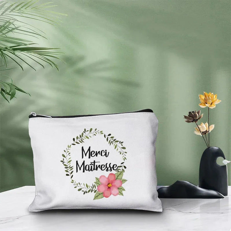 Merci Maitre Cosmetic Canvas Clutch Back To Shool Makeup Bag Lipstick Designer Case Make Up Pouch Teacher Pencil Gift Pouch