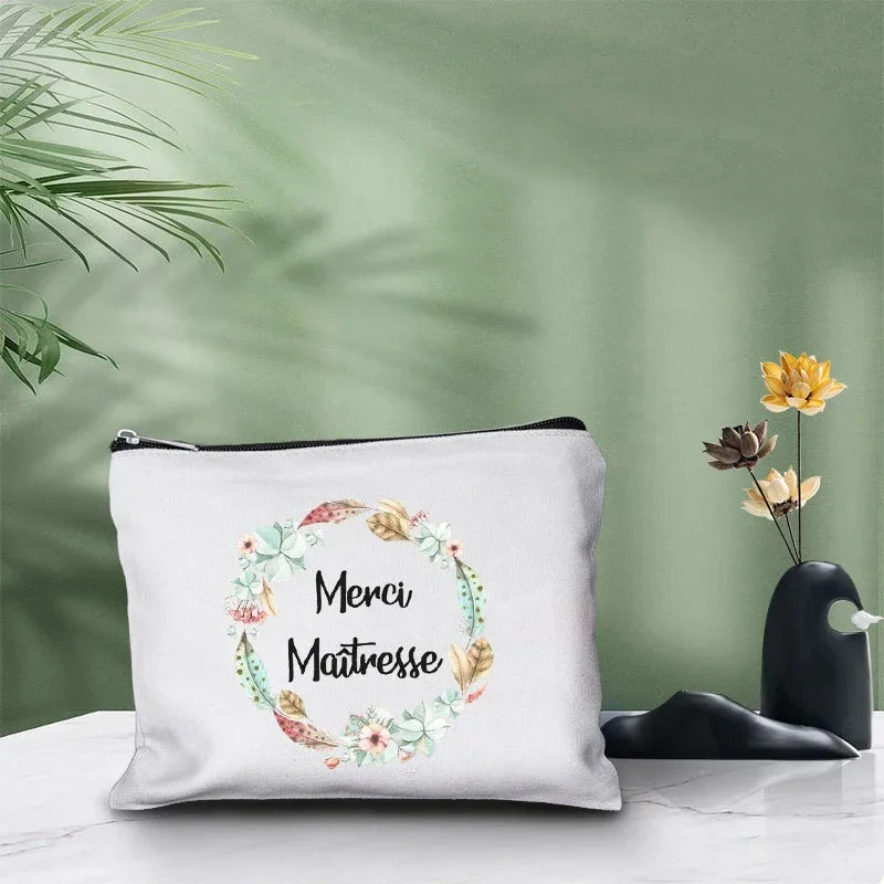 Merci Maitre Cosmetic Canvas Clutch Back To Shool Makeup Bag Lipstick Designer Case Make Up Pouch Teacher Pencil Gift Pouch