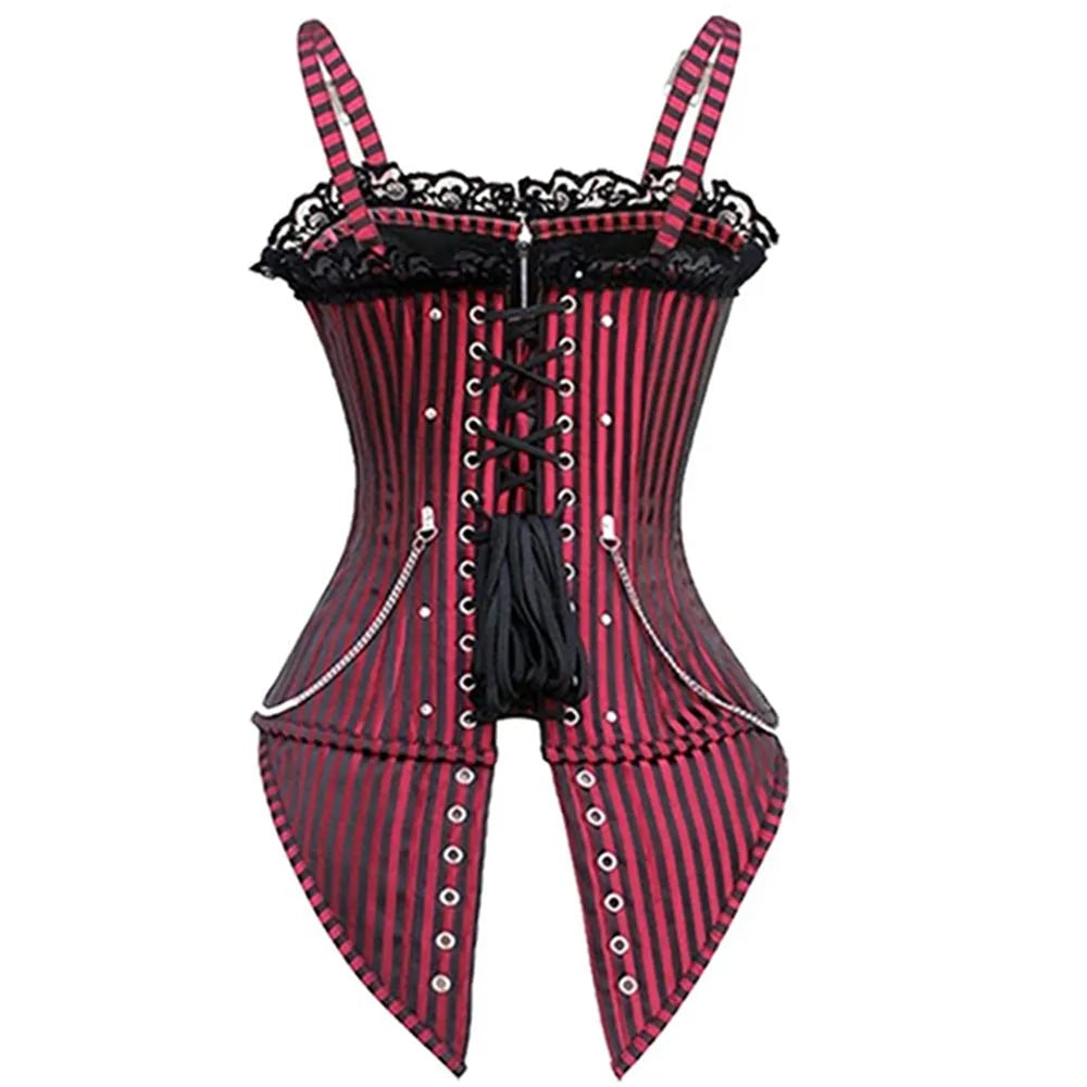 Women's Corset Camisole Sexy Lace Low Cut Zipper Punk Rock Style Cosplay Gothic Clothing Body Shaping Slimming Red Striped Top