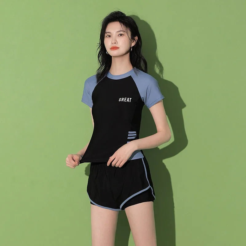 Sports Two-piece Swimsuit with Short Sleeves High Waisted Double Layered Shorts Suitable for Beach Swimming Pool Training