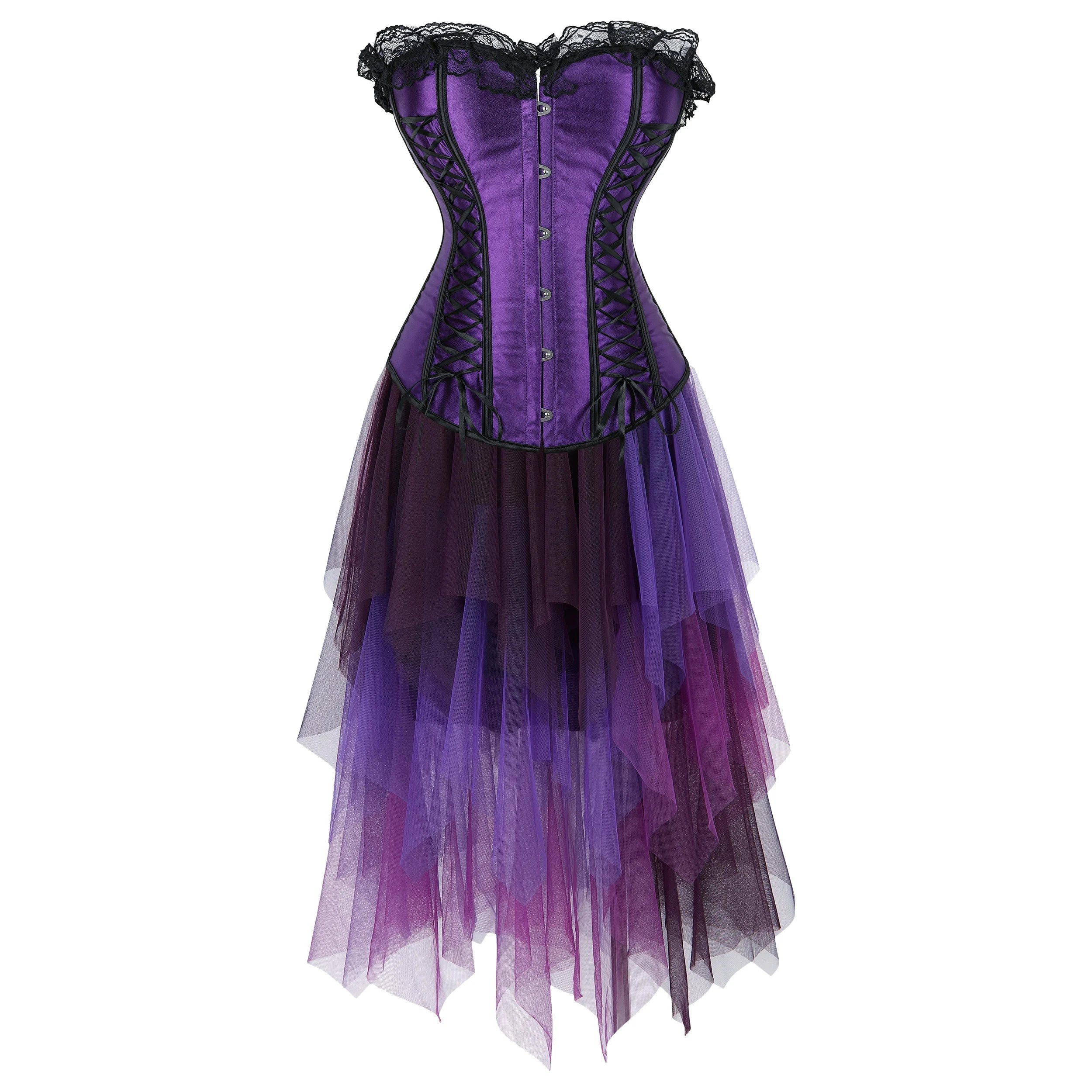 Gothic Corset Dress Sexy Satin Lace Up Corset Steampunk Corset With Dress Cosplay Club Purple