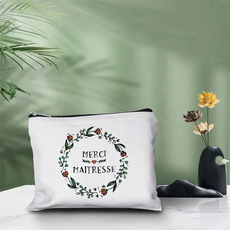 Merci Maitre Cosmetic Canvas Clutch Back To Shool Makeup Bag Lipstick Designer Case Make Up Pouch Teacher Pencil Gift Pouch