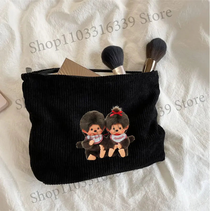 Monchhichi Woman Corduroy Makeup Bag Female Cute Toiletry Bags Girl Kawaii Travel Portable Zipper Storage Wash Bag Birthday Gift