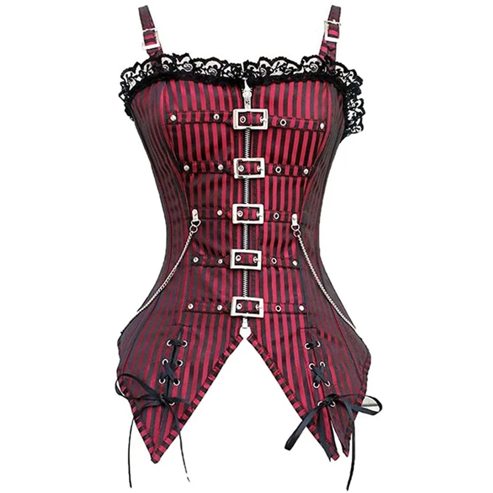 Women's Corset Camisole Sexy Lace Low Cut Zipper Punk Rock Style Cosplay Gothic Clothing Body Shaping Slimming Red Striped Top