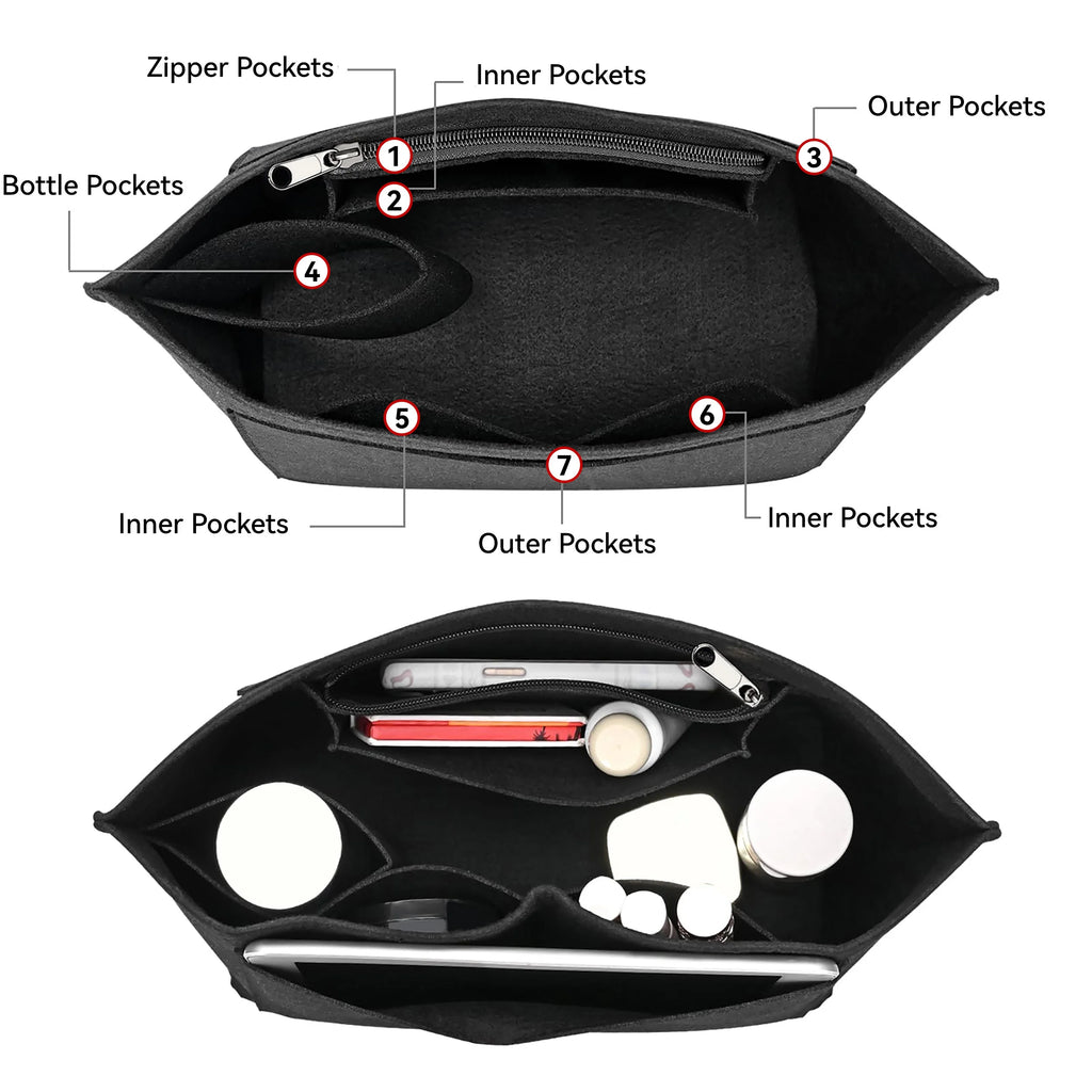 Felt Tote Bag Organizer Insert with Zipper Multi-Pocket Handbag Shaper for Longchamp Large Purse Makeup Storage Travel Liner