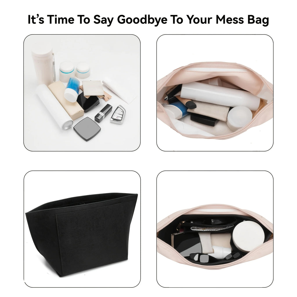 Felt Tote Bag Organizer Insert with Zipper Multi-Pocket Handbag Shaper for Longchamp Large Purse Makeup Storage Travel Liner