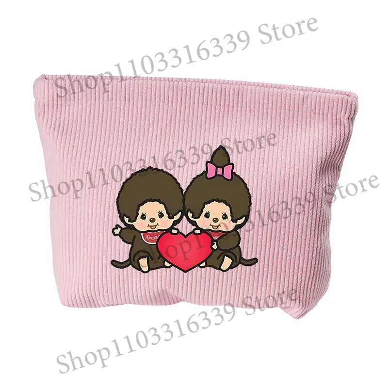 Monchhichi Woman Corduroy Makeup Bag Female Cute Toiletry Bags Girl Kawaii Travel Portable Zipper Storage Wash Bag Birthday Gift