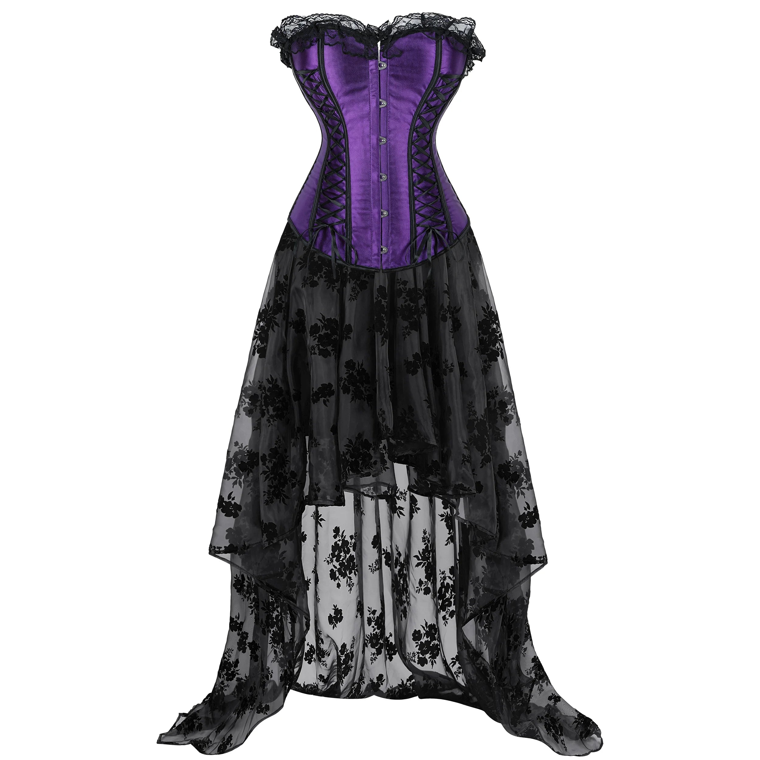 Gothic Corset Dress Sexy Satin Lace Up Corset Steampunk Corset With Dress Cosplay Club Purple