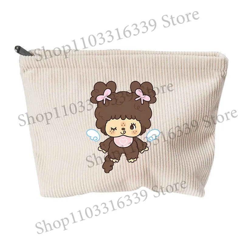 Monchhichi Woman Corduroy Makeup Bag Female Cute Toiletry Bags Girl Kawaii Travel Portable Zipper Storage Wash Bag Birthday Gift