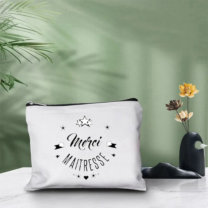 Merci Maitre Cosmetic Canvas Clutch Back To Shool Makeup Bag Lipstick Designer Case Make Up Pouch Teacher Pencil Gift Pouch