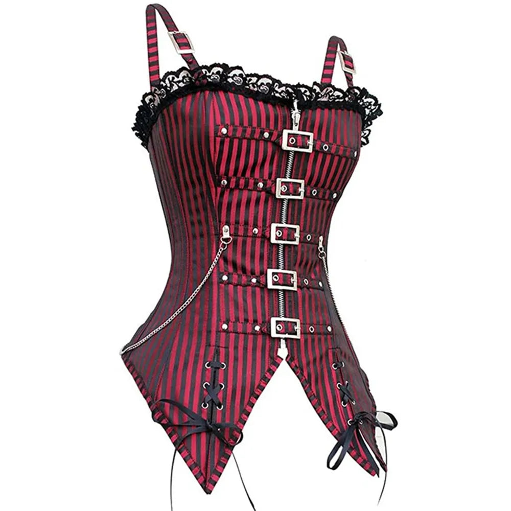 Women's Corset Camisole Sexy Lace Low Cut Zipper Punk Rock Style Cosplay Gothic Clothing Body Shaping Slimming Red Striped Top