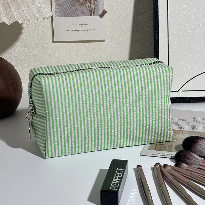 Striped Cosmetic Bag, Bubble Chiffon Portable Travel Toiletry Bag, Large Storage Makeup Organizer Pouch Student Makeup Bag