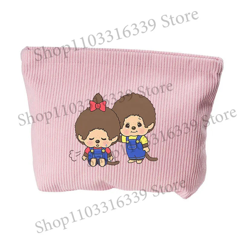Monchhichi Woman Corduroy Makeup Bag Female Cute Toiletry Bags Girl Kawaii Travel Portable Zipper Storage Wash Bag Birthday Gift