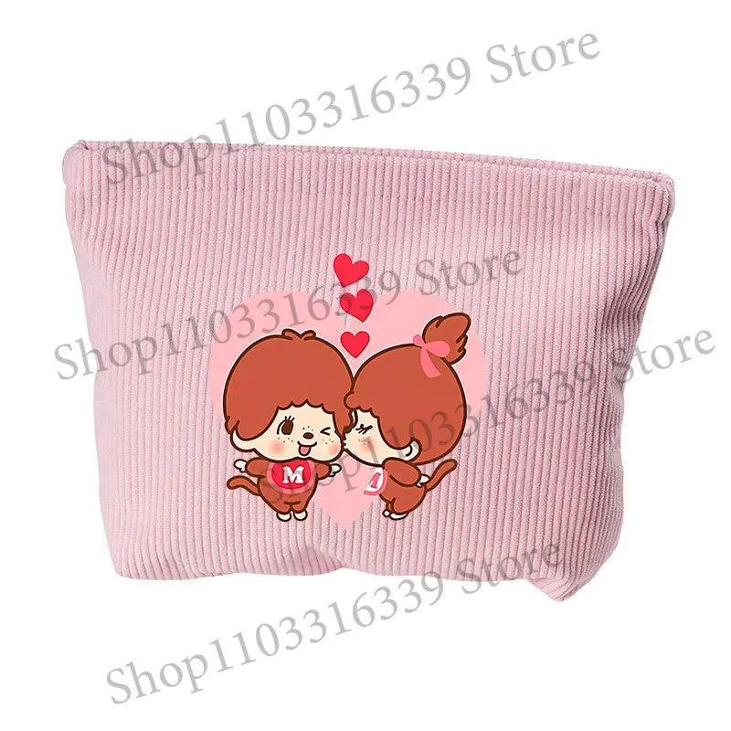 Monchhichi Woman Corduroy Makeup Bag Female Cute Toiletry Bags Girl Kawaii Travel Portable Zipper Storage Wash Bag Birthday Gift