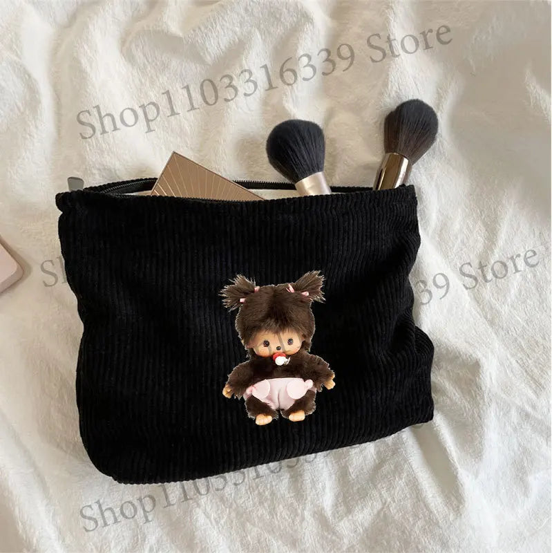 Monchhichi Woman Corduroy Makeup Bag Female Cute Toiletry Bags Girl Kawaii Travel Portable Zipper Storage Wash Bag Birthday Gift
