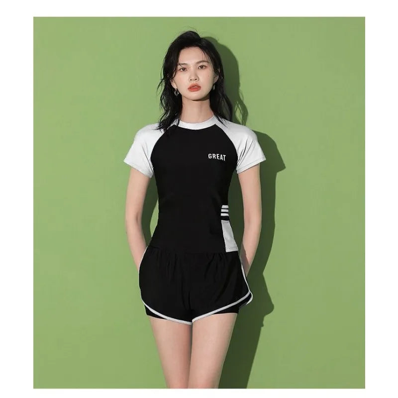 Sports Two-piece Swimsuit with Short Sleeves High Waisted Double Layered Shorts Suitable for Beach Swimming Pool Training