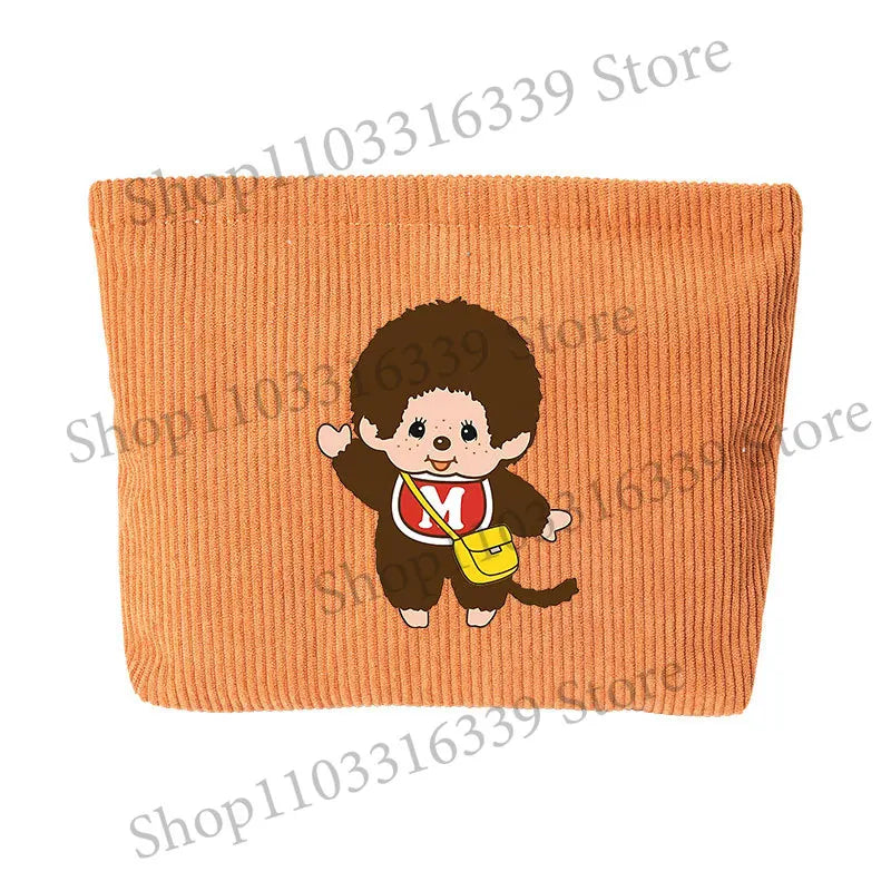 Monchhichi Woman Corduroy Makeup Bag Female Cute Toiletry Bags Girl Kawaii Travel Portable Zipper Storage Wash Bag Birthday Gift