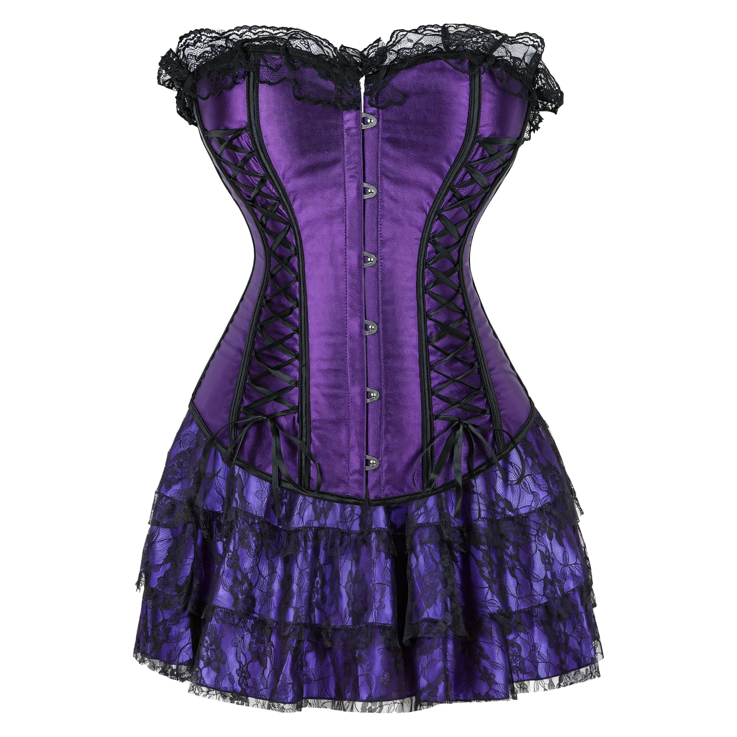 Gothic Corset Dress Sexy Satin Lace Up Corset Steampunk Corset With Dress Cosplay Club Purple
