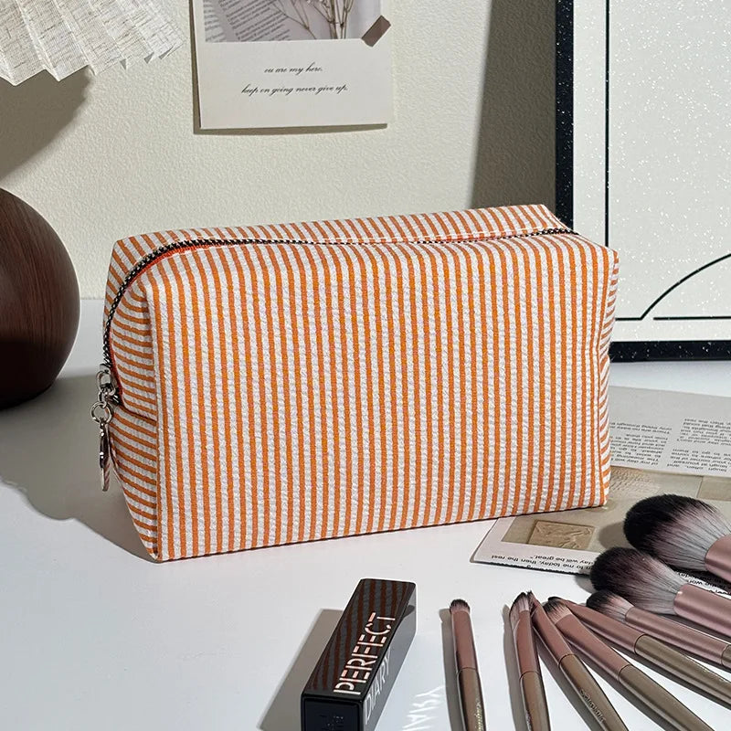 Striped Cosmetic Bag, Bubble Chiffon Portable Travel Toiletry Bag, Large Storage Makeup Organizer Pouch Student Makeup Bag