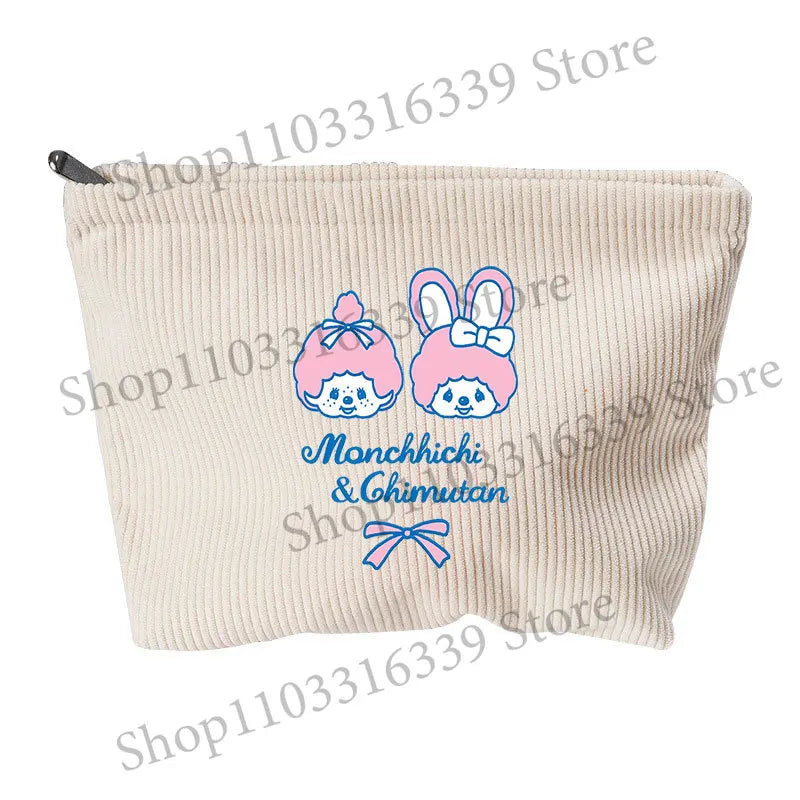 Monchhichi Woman Corduroy Makeup Bag Female Cute Toiletry Bags Girl Kawaii Travel Portable Zipper Storage Wash Bag Birthday Gift