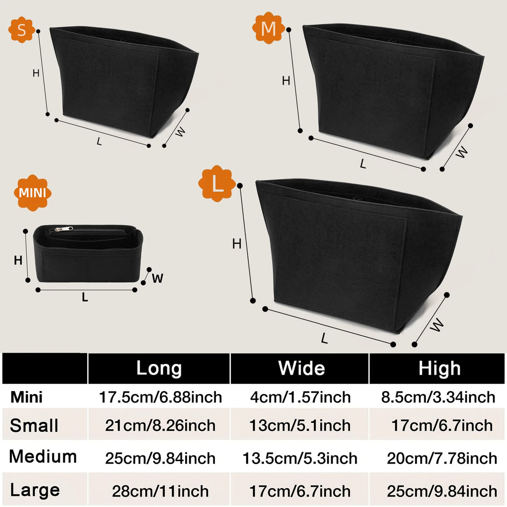 Felt Tote Bag Organizer Insert with Zipper Multi-Pocket Handbag Shaper for Longchamp Large Purse Makeup Storage Travel Liner