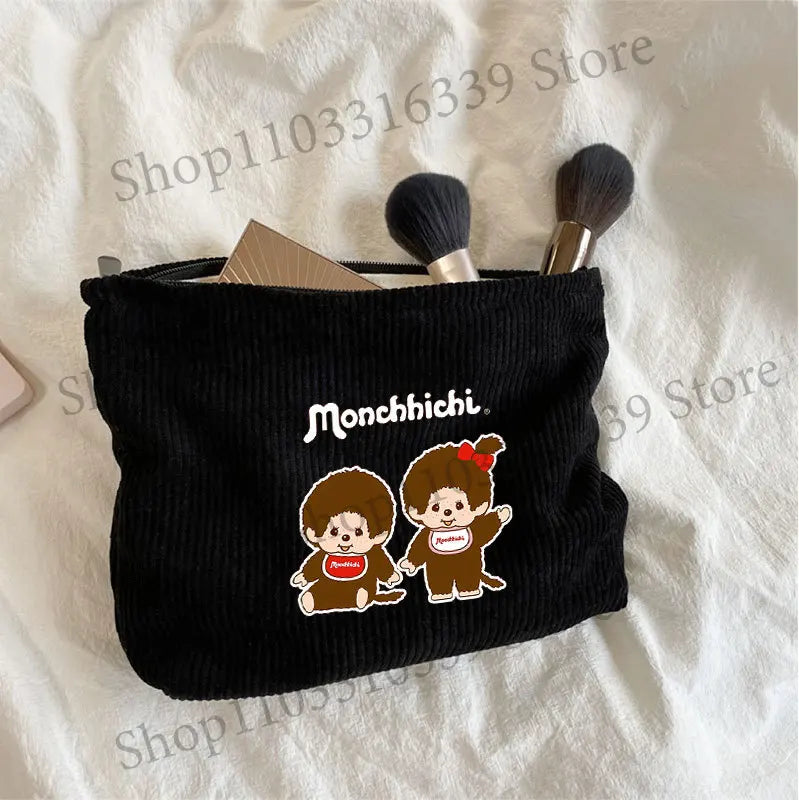 Monchhichi Woman Corduroy Makeup Bag Female Cute Toiletry Bags Girl Kawaii Travel Portable Zipper Storage Wash Bag Birthday Gift