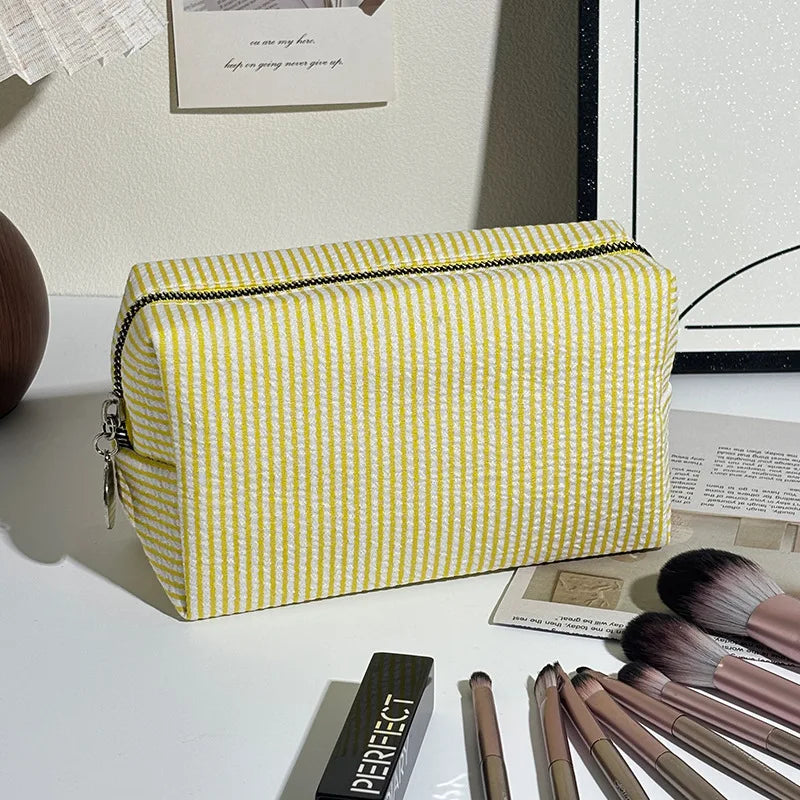 Striped Cosmetic Bag, Bubble Chiffon Portable Travel Toiletry Bag, Large Storage Makeup Organizer Pouch Student Makeup Bag