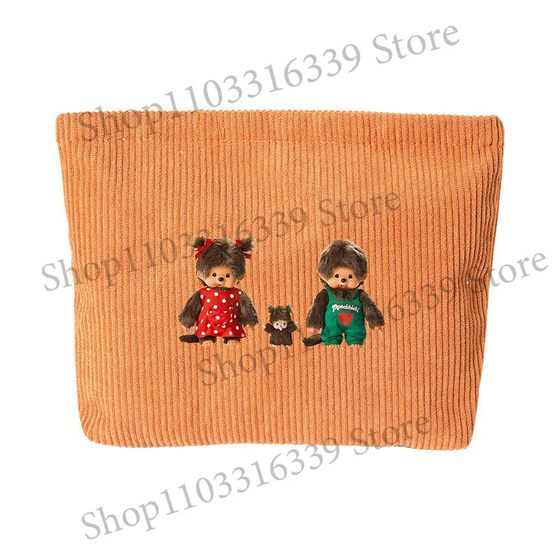 Monchhichi Woman Corduroy Makeup Bag Female Cute Toiletry Bags Girl Kawaii Travel Portable Zipper Storage Wash Bag Birthday Gift