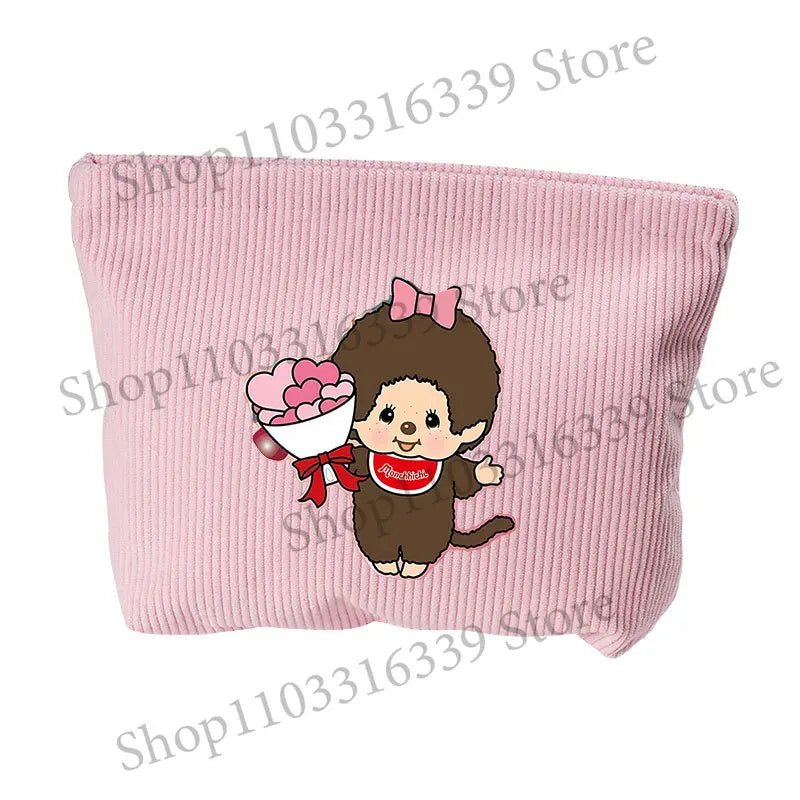 Monchhichi Woman Corduroy Makeup Bag Female Cute Toiletry Bags Girl Kawaii Travel Portable Zipper Storage Wash Bag Birthday Gift
