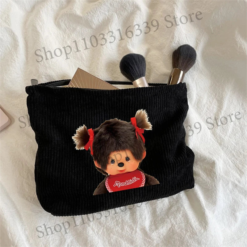 Monchhichi Woman Corduroy Makeup Bag Female Cute Toiletry Bags Girl Kawaii Travel Portable Zipper Storage Wash Bag Birthday Gift