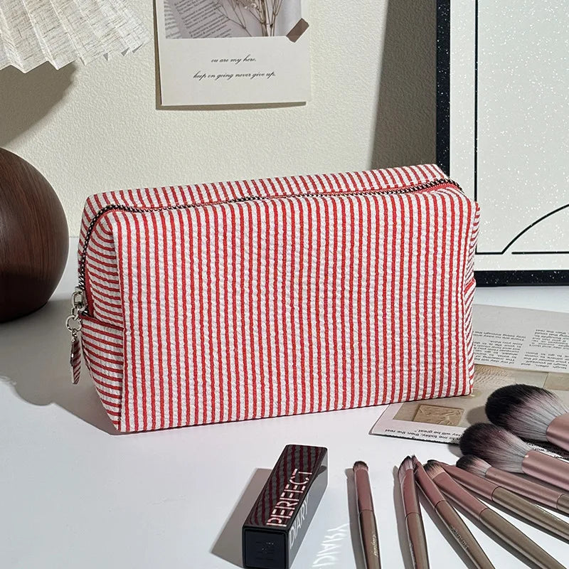Striped Cosmetic Bag, Bubble Chiffon Portable Travel Toiletry Bag, Large Storage Makeup Organizer Pouch Student Makeup Bag