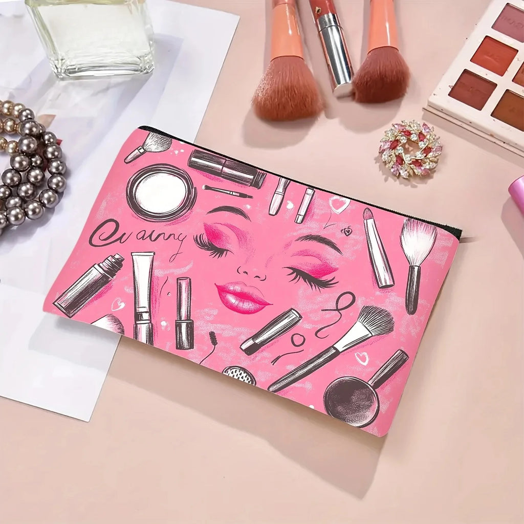 A Pink Cosmetic Element Makeup Bag - Cute Multifunctional Zipper Pouch for Women, Jewelry Storage Bag