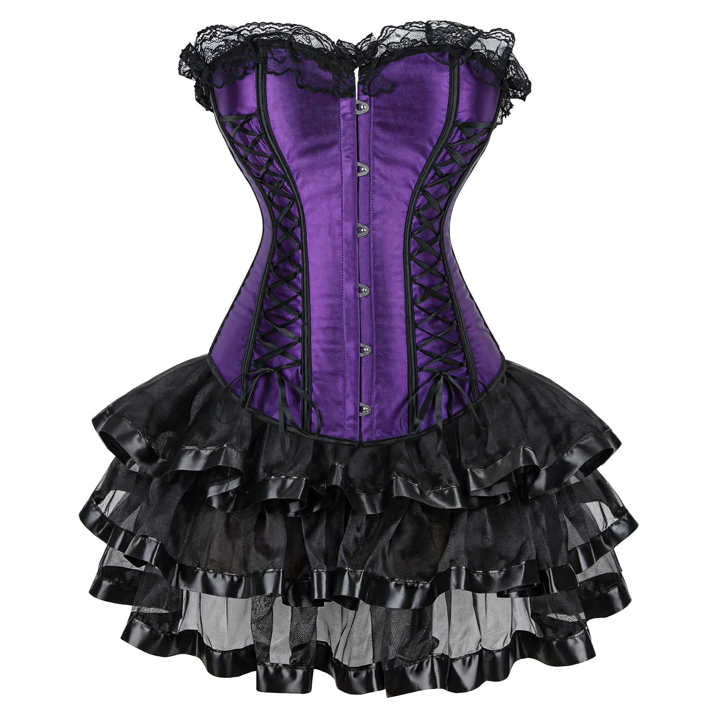 Gothic Corset Dress Sexy Satin Lace Up Corset Steampunk Corset With Dress Cosplay Club Purple