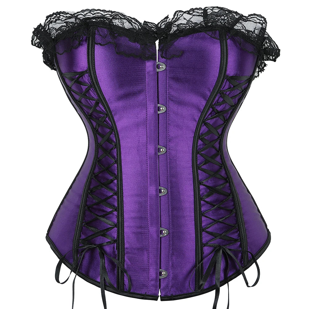 Gothic Corset Dress Sexy Satin Lace Up Corset Steampunk Corset With Dress Cosplay Club Purple