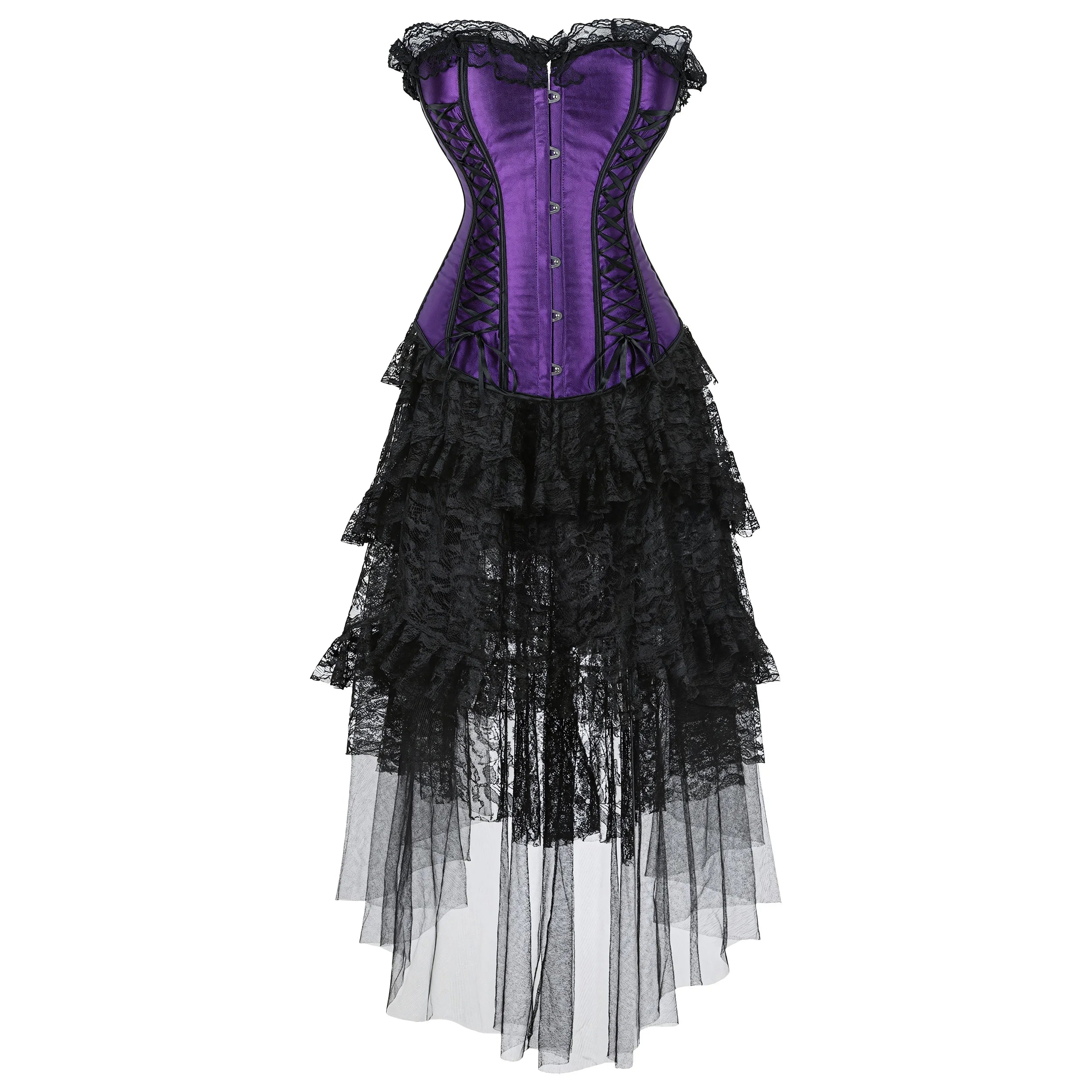 Gothic Corset Dress Sexy Satin Lace Up Corset Steampunk Corset With Dress Cosplay Club Purple