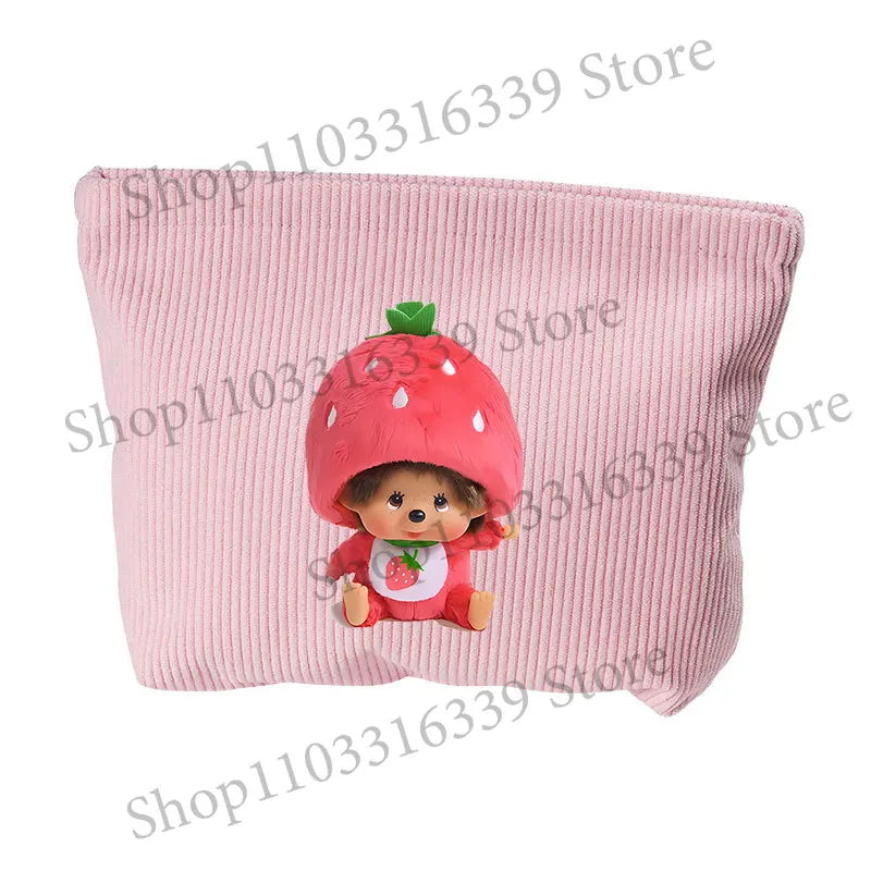 Monchhichi Woman Corduroy Makeup Bag Female Cute Toiletry Bags Girl Kawaii Travel Portable Zipper Storage Wash Bag Birthday Gift