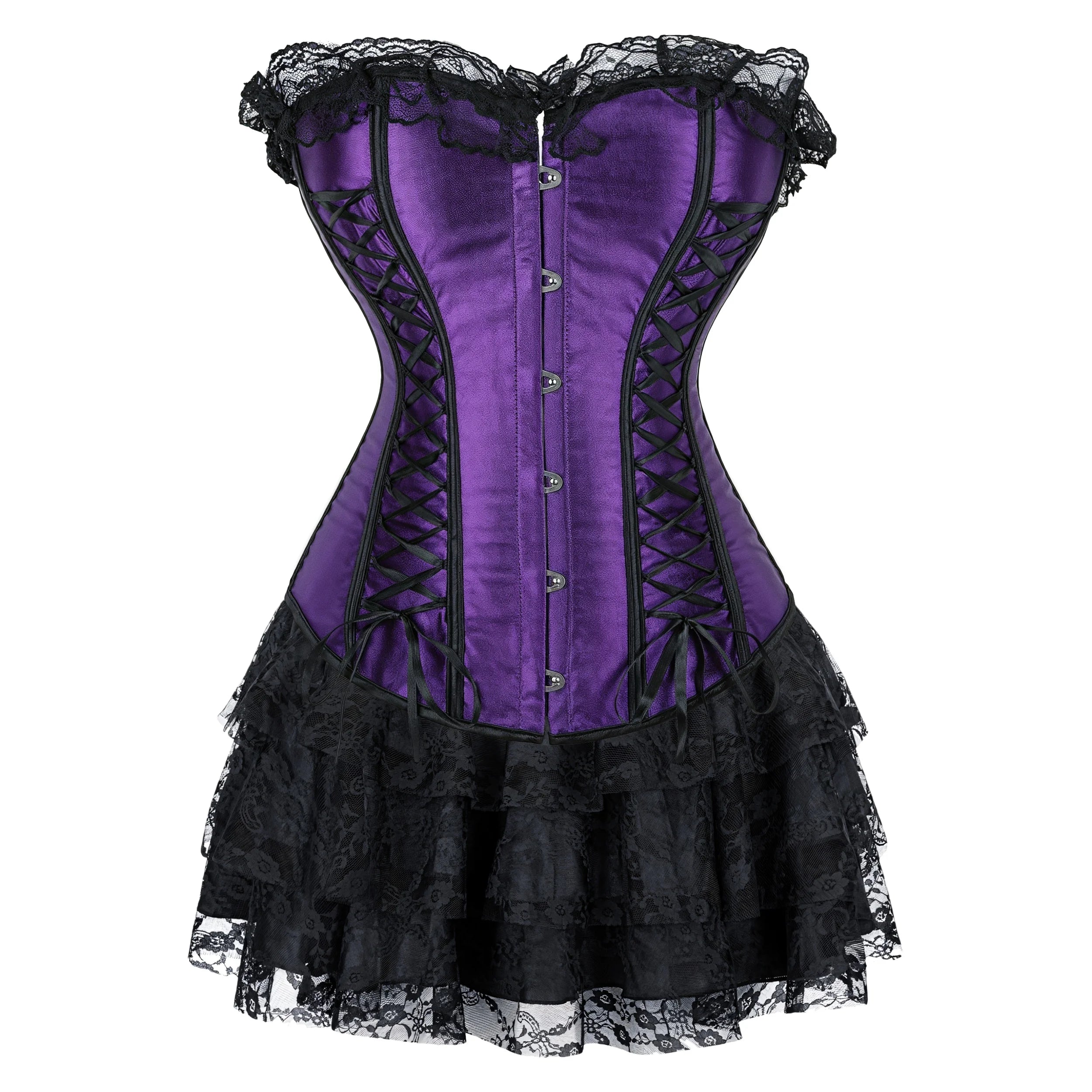 Gothic Corset Dress Sexy Satin Lace Up Corset Steampunk Corset With Dress Cosplay Club Purple
