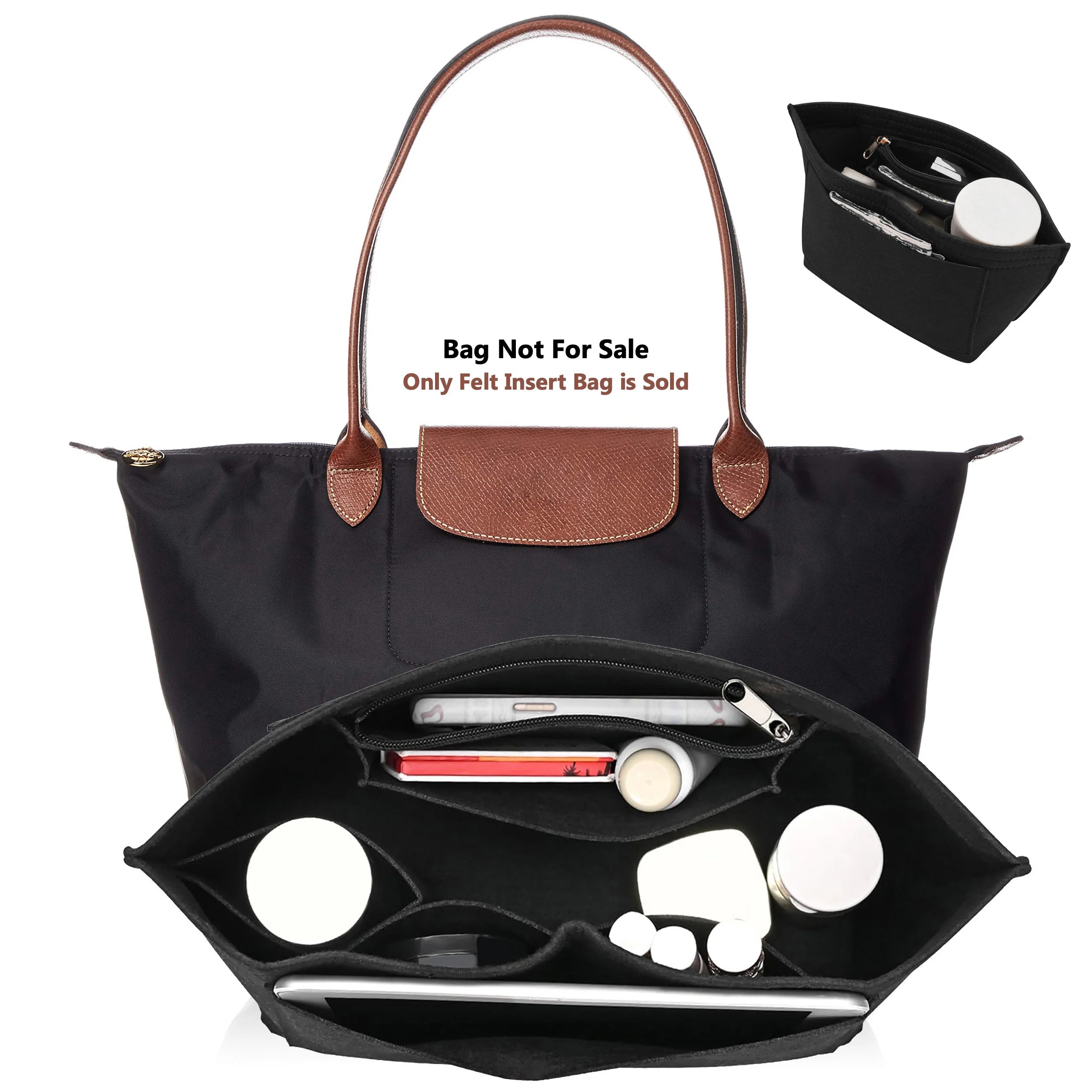 Felt Tote Bag Organizer Insert with Zipper Multi-Pocket Handbag Shaper for Longchamp Large Purse Makeup Storage Travel Liner