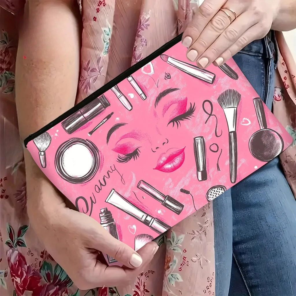A Pink Cosmetic Element Makeup Bag - Cute Multifunctional Zipper Pouch for Women, Jewelry Storage Bag
