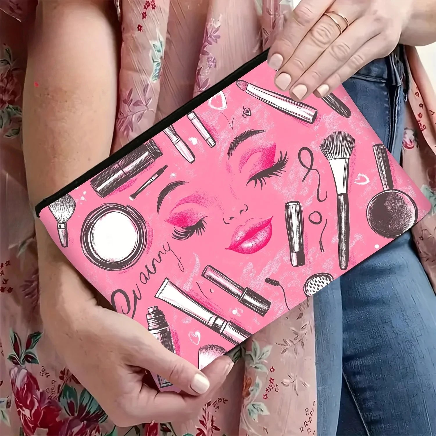 A Pink Cosmetic Element Makeup Bag - Cute Multifunctional Zipper Pouch for Women, Jewelry Storage Bag