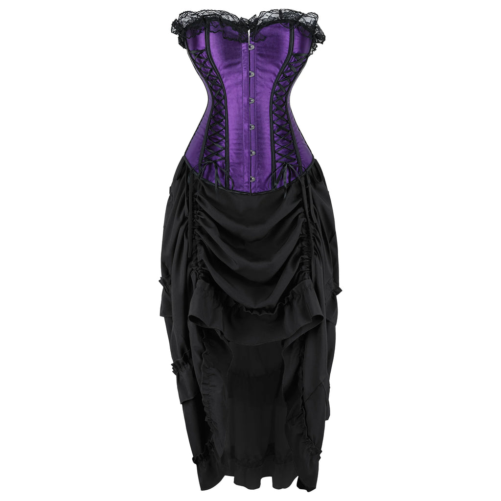 Gothic Corset Dress Sexy Satin Lace Up Corset Steampunk Corset With Dress Cosplay Club Purple