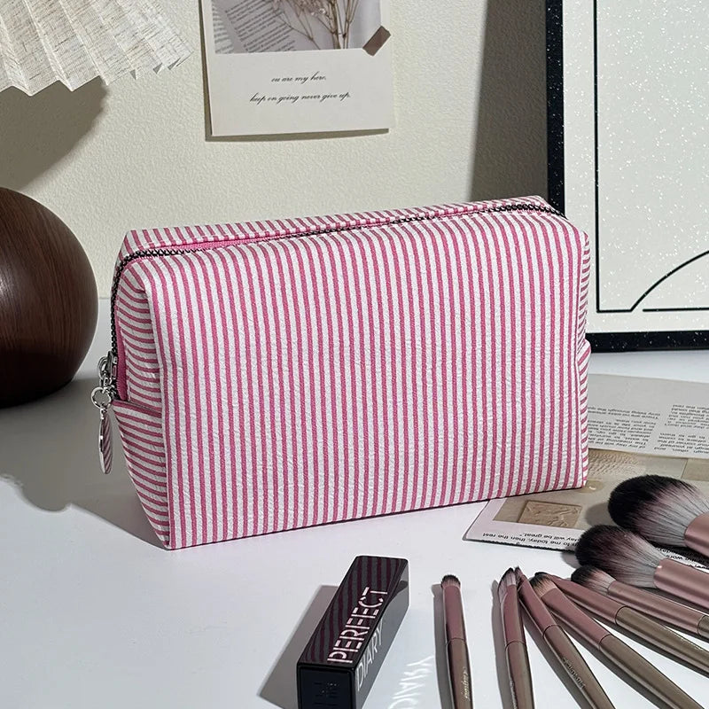 Striped Cosmetic Bag, Bubble Chiffon Portable Travel Toiletry Bag, Large Storage Makeup Organizer Pouch Student Makeup Bag