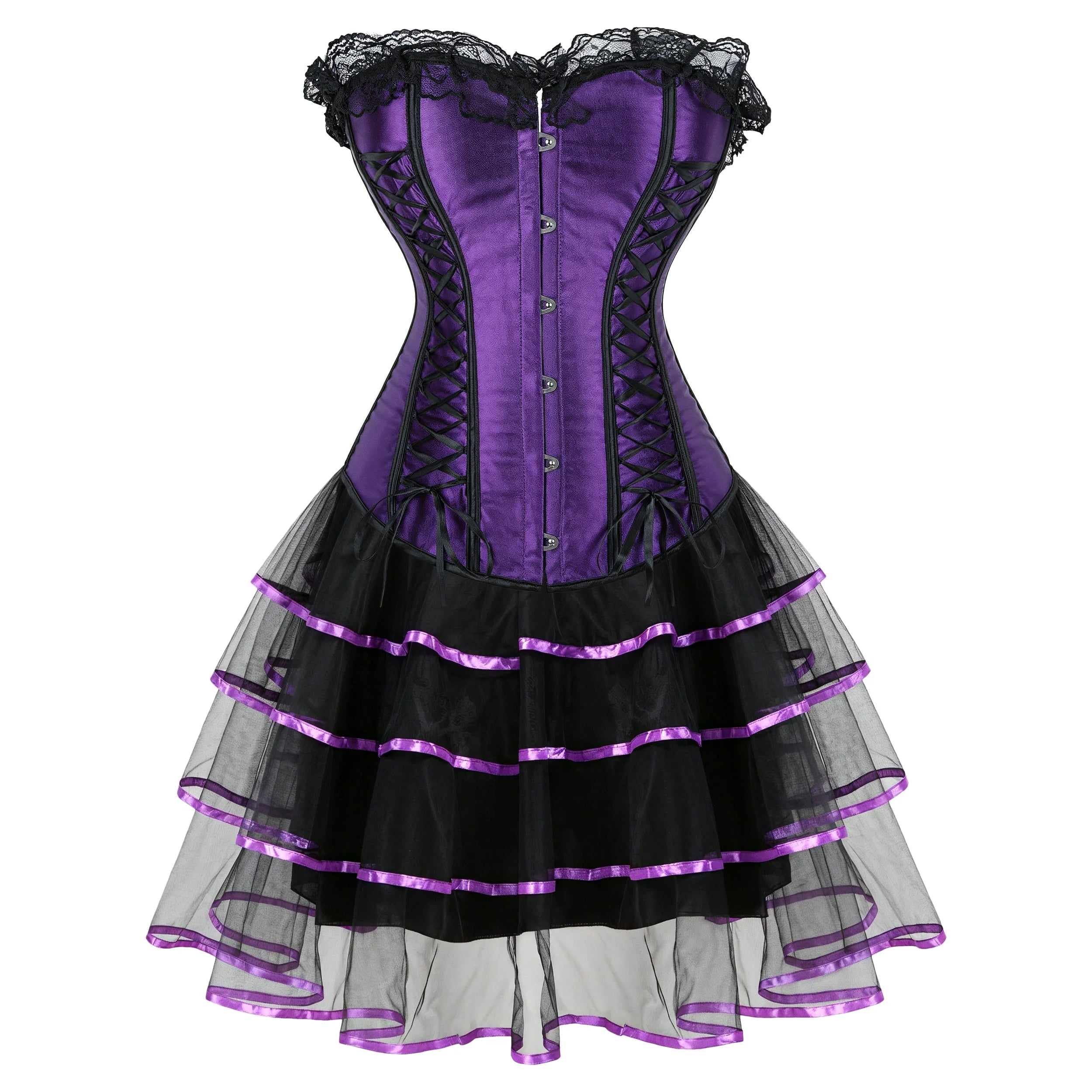 Gothic Corset Dress Sexy Satin Lace Up Corset Steampunk Corset With Dress Cosplay Club Purple