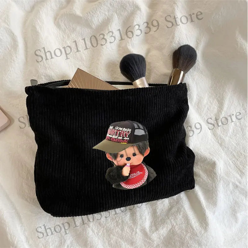 Monchhichi Woman Corduroy Makeup Bag Female Cute Toiletry Bags Girl Kawaii Travel Portable Zipper Storage Wash Bag Birthday Gift
