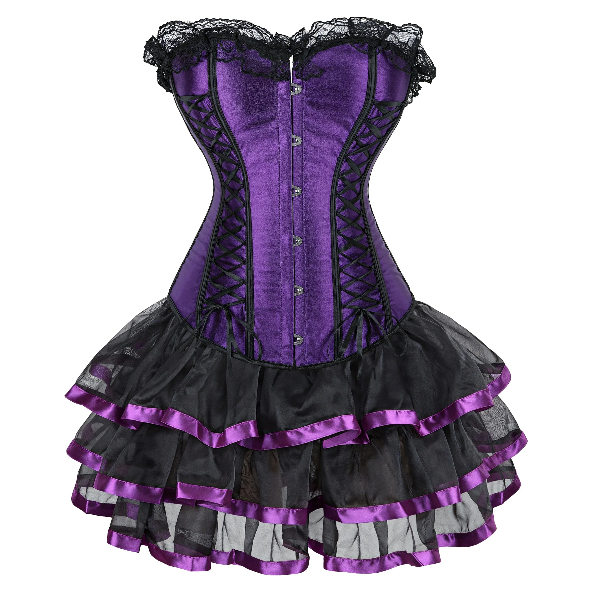 Gothic Corset Dress Sexy Satin Lace Up Corset Steampunk Corset With Dress Cosplay Club Purple