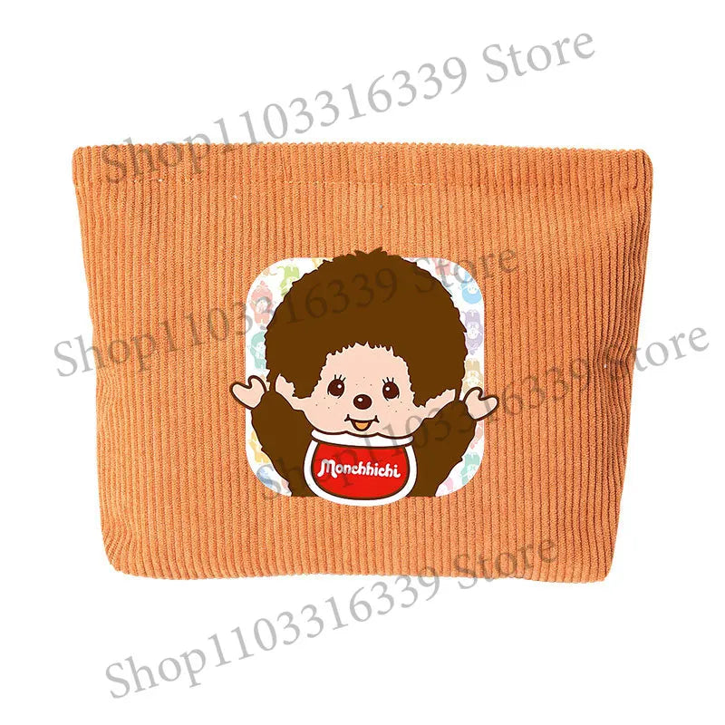 Monchhichi Woman Corduroy Makeup Bag Female Cute Toiletry Bags Girl Kawaii Travel Portable Zipper Storage Wash Bag Birthday Gift