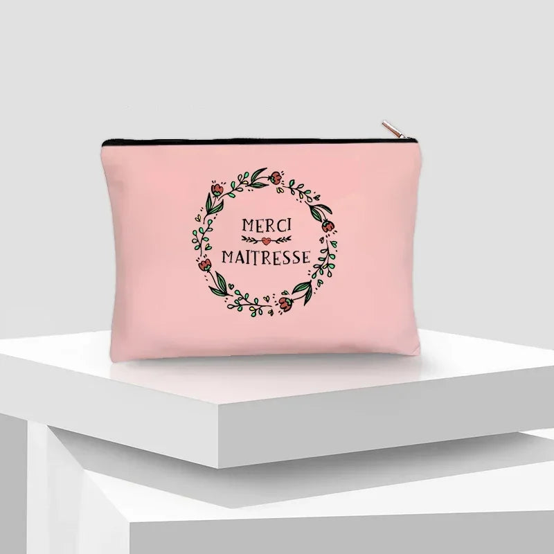Merci Maitre Cosmetic Canvas Clutch Back To Shool Makeup Bag Lipstick Designer Case Make Up Pouch Teacher Pencil Gift Pouch