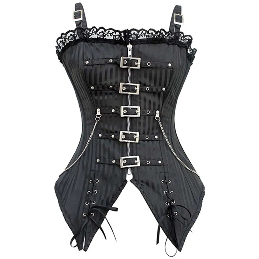 Women's Corset Camisole Sexy Lace Low Cut Zipper Punk Rock Style Cosplay Gothic Clothing Body Shaping Slimming Red Striped Top