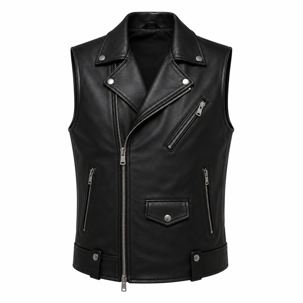 Men's Black Genuine Leather Biker Vest