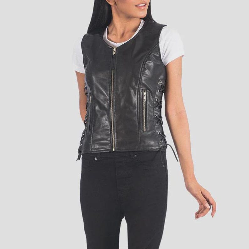 Women’s Black Genuine Leather Biker Vest, Lace Up Sides Slim Fit Vest